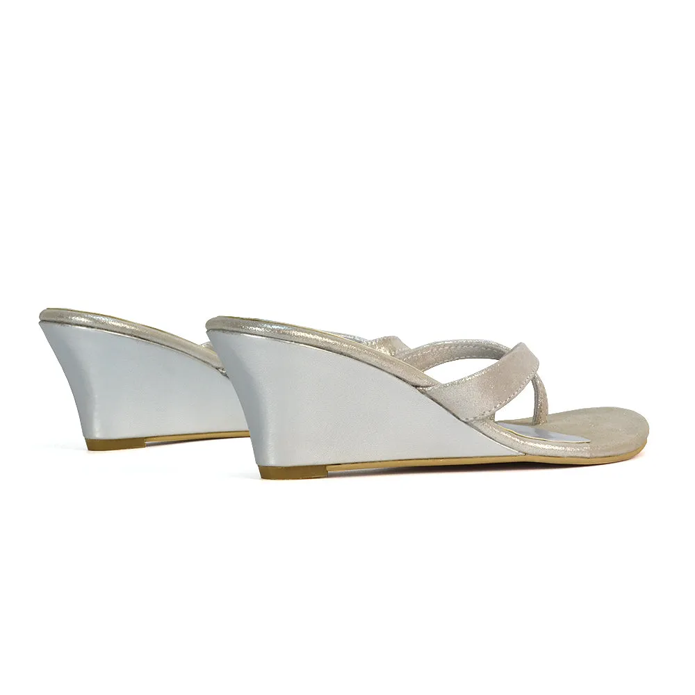 Shona Toe Post Slip On Low Wedge Heel Sandal Mules in Beige