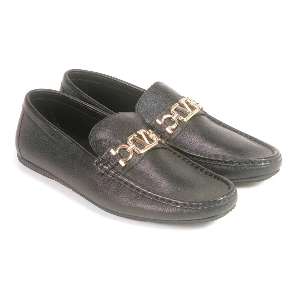 Sigotto Uomo Black Soft Leather Driving Loafer with V Logo