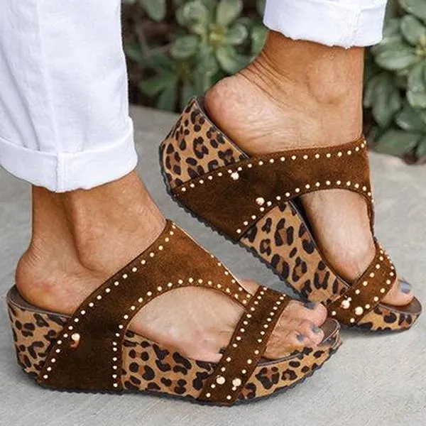 Sohiwoo  Imily Bela Women Leopard Printed Slip on Wedges Heel Gladiator Pumps Slide Sandals