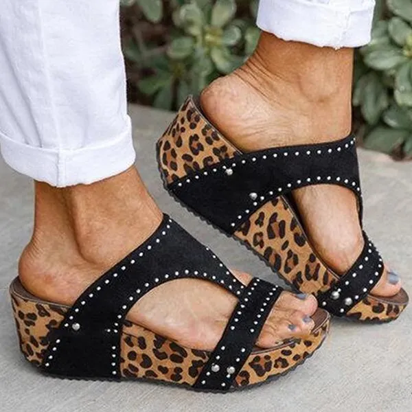 Sohiwoo  Imily Bela Women Leopard Printed Slip on Wedges Heel Gladiator Pumps Slide Sandals