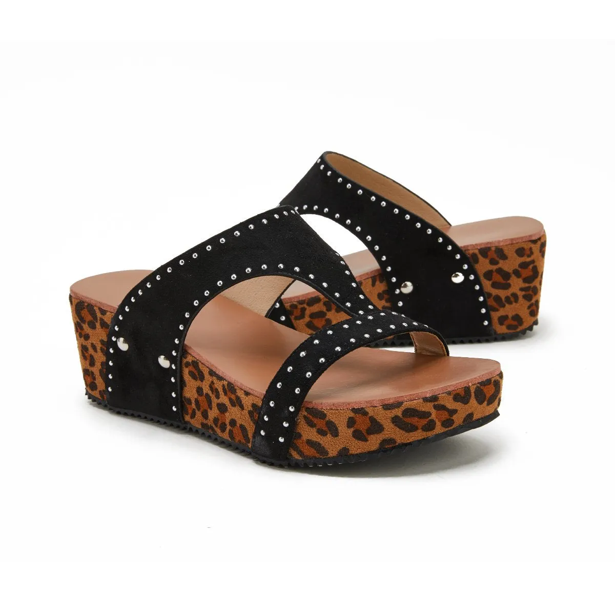 Sohiwoo  Imily Bela Women Leopard Printed Slip on Wedges Heel Gladiator Pumps Slide Sandals