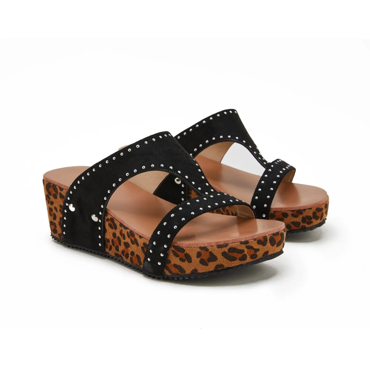 Sohiwoo  Imily Bela Women Leopard Printed Slip on Wedges Heel Gladiator Pumps Slide Sandals