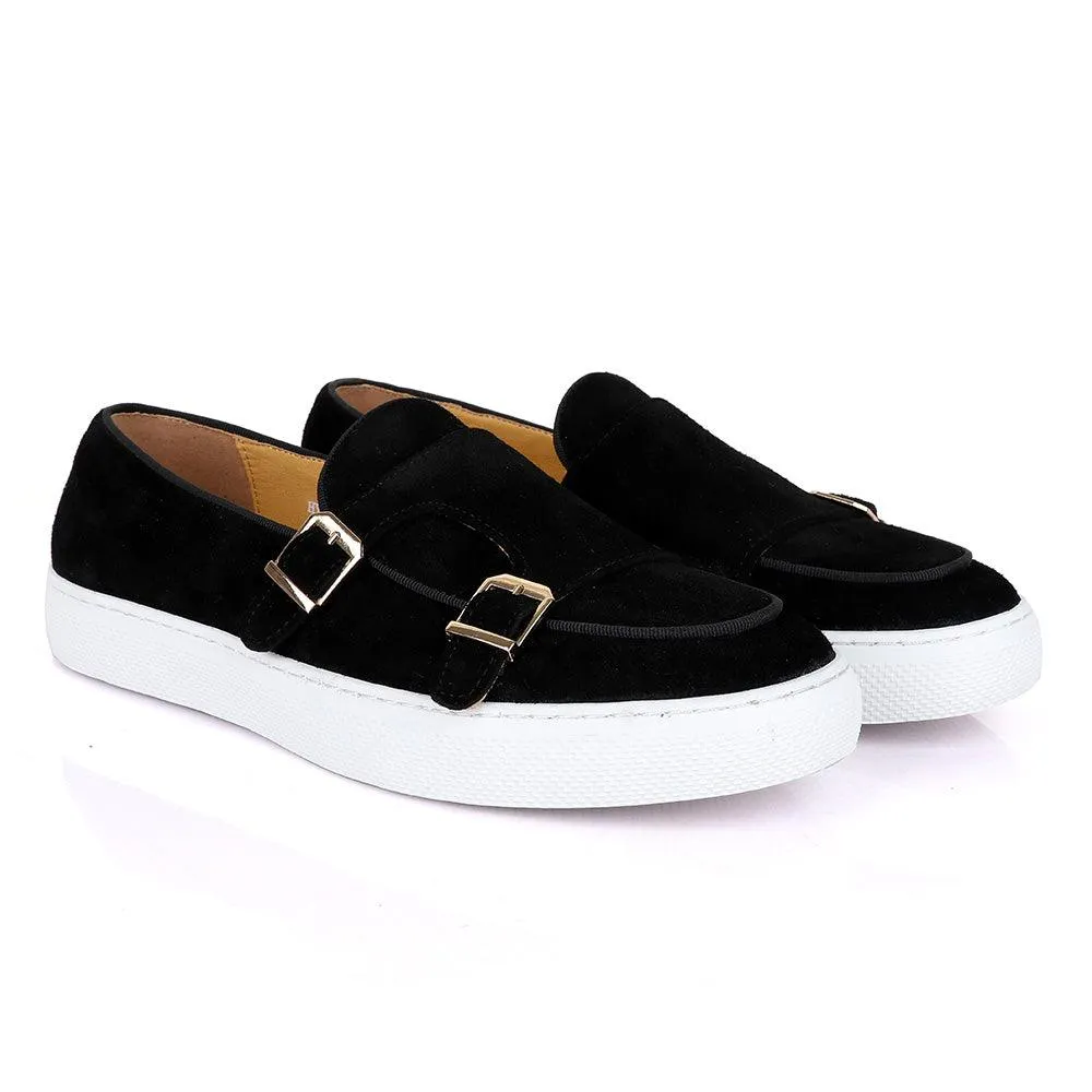 Terry Taylors Monk Double Strap Black Suede Sneaker Shoe