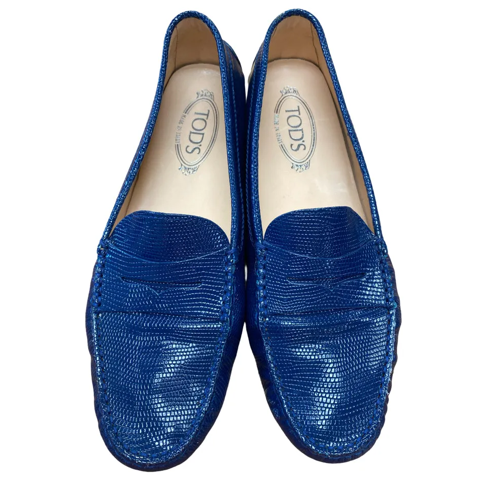 TOD'S GOMMINO BLUE TEAL LEATHER EMBOSSED LOAFERS SIZE 42