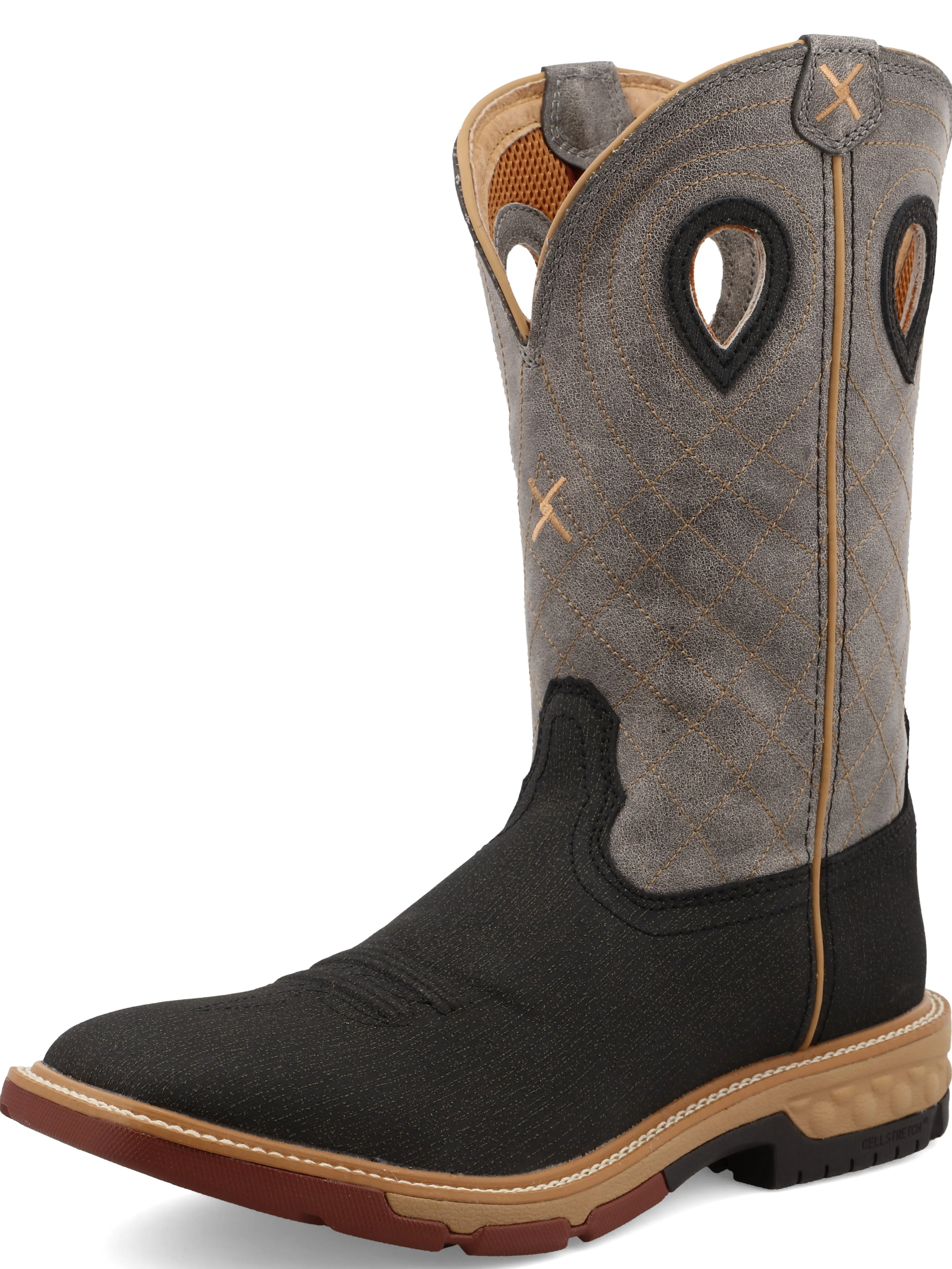 TWISTED X MEN'S (MXB0002) 12" DURA TWX SQUARE TOE WESTERN PULL-ON BOOT-BLACK W/GREY UPPER