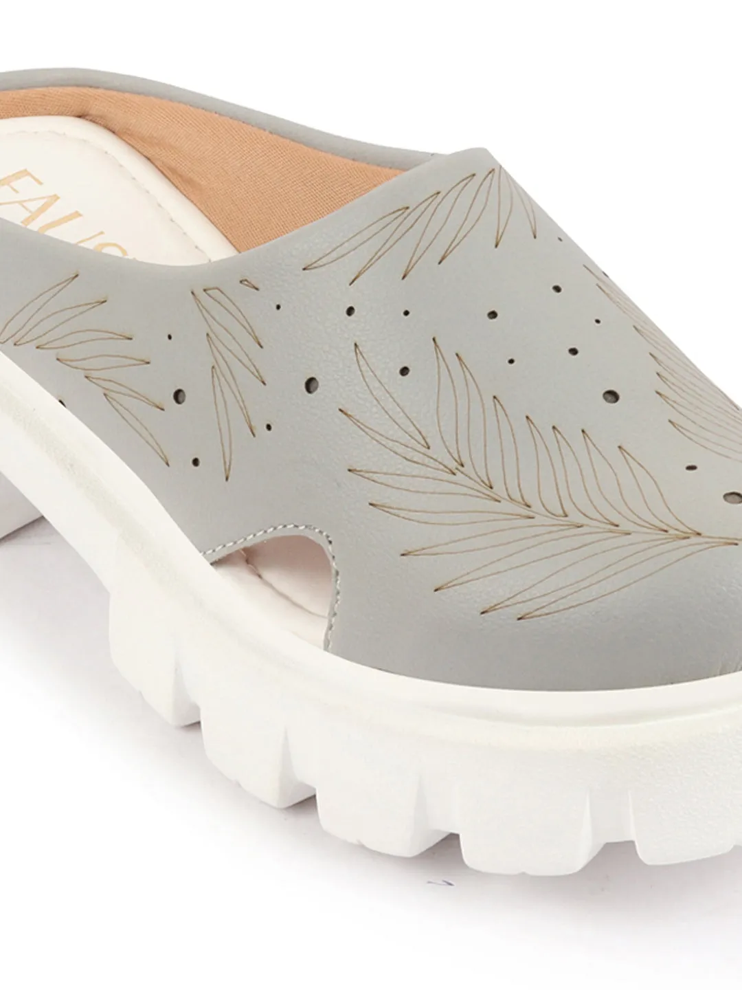 Women Grey Fashion Outdoor Leaf Print Laser Cut Design Open Back Slip On Casual Shoes