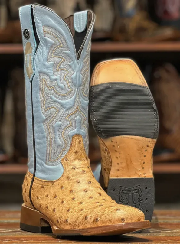 Women's Tanner Mark TML207101 Matte Orix Ostrich Print w/Flex Fit Pale Blue Top Square Toe Boot (SHOP IN-STORE)